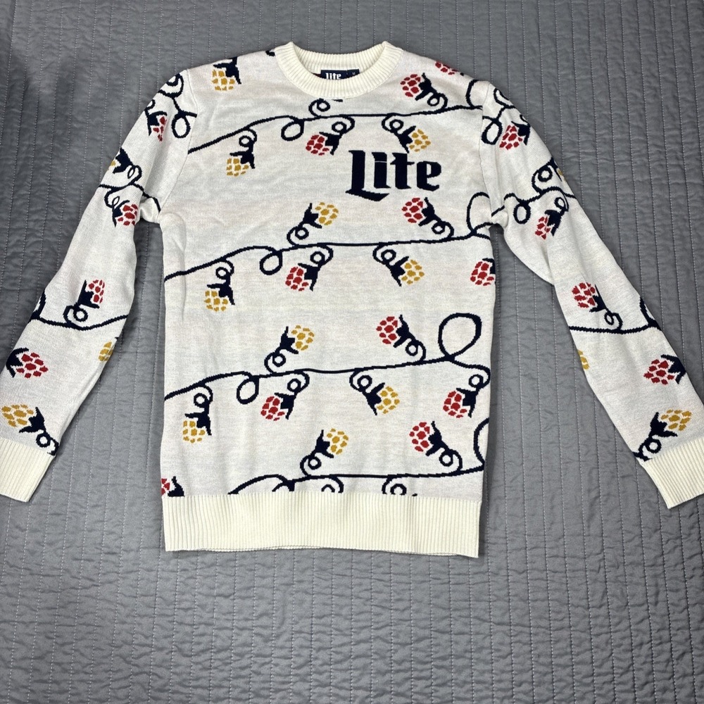 Miller Lite Beer Mens Knit Sweater White Hops String Lights Ugly Christmas Med